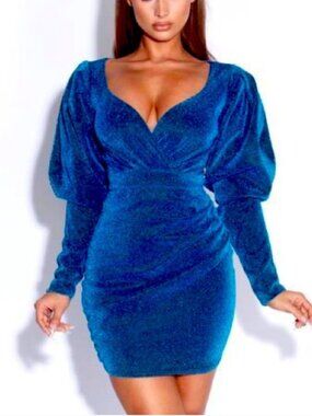 Miss Circle Womens Santana Teal Blue Long Puff Sleeve Glitter Mini Dress Sz XL